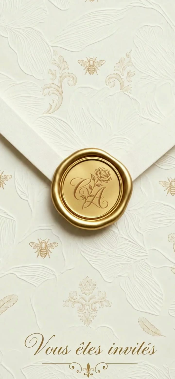 Enveloppe ivoire fermée par un sceau d’or au monogramme C A : début de l’invitation de Clara & Armand